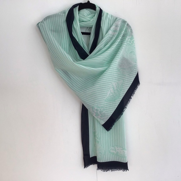 Talbots Women's Scarf Nautical Seashell Green Blue Border %100 cotton - Picture 1 of 6